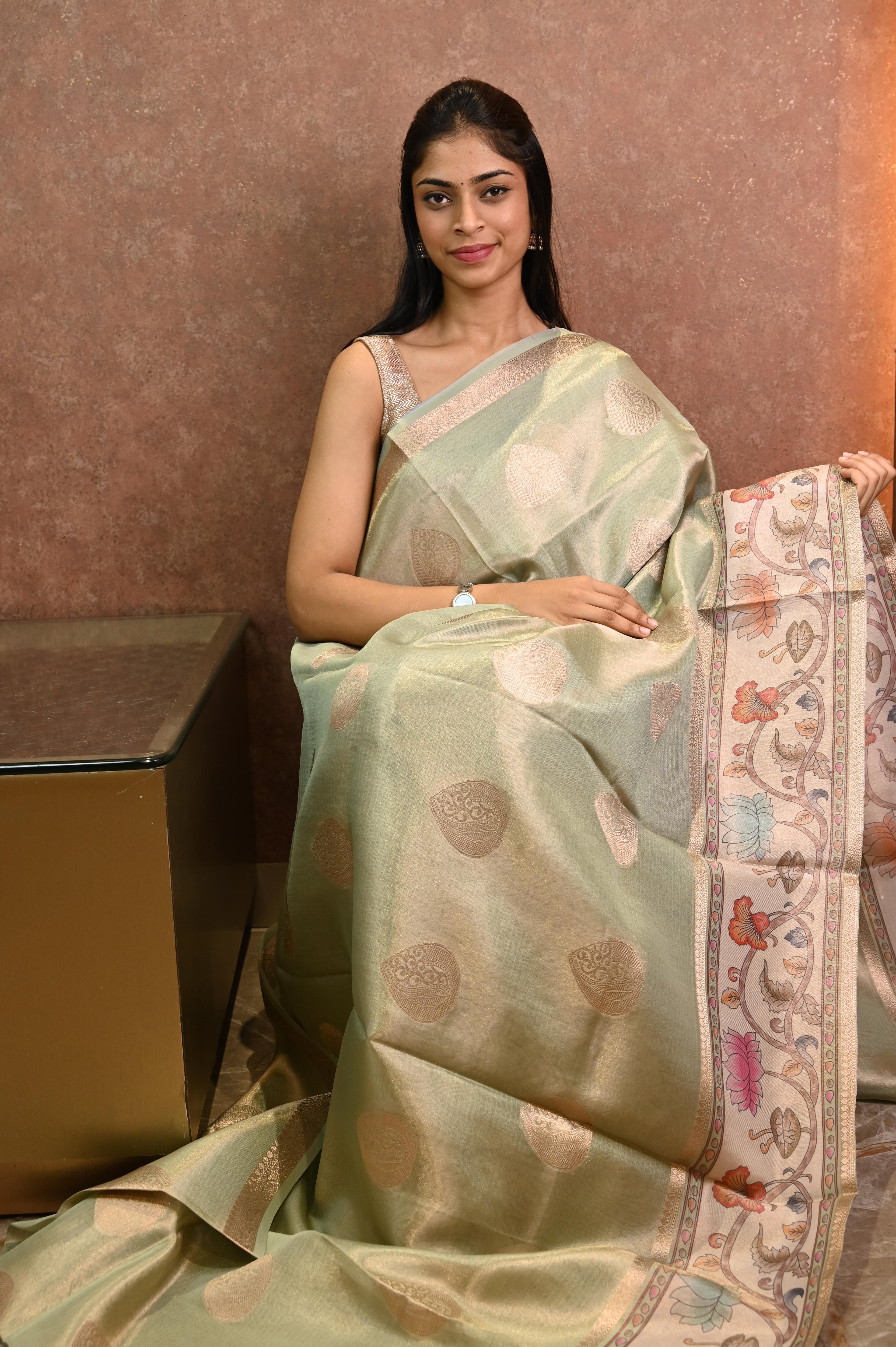 Fancy Tissue Saree With Kalamkari print