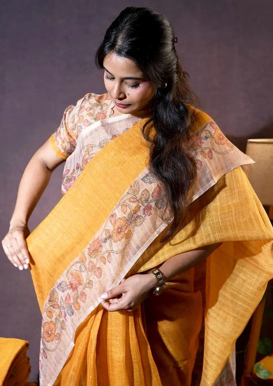 Linen Yellow Saree with Kalamkari Printed Blouse