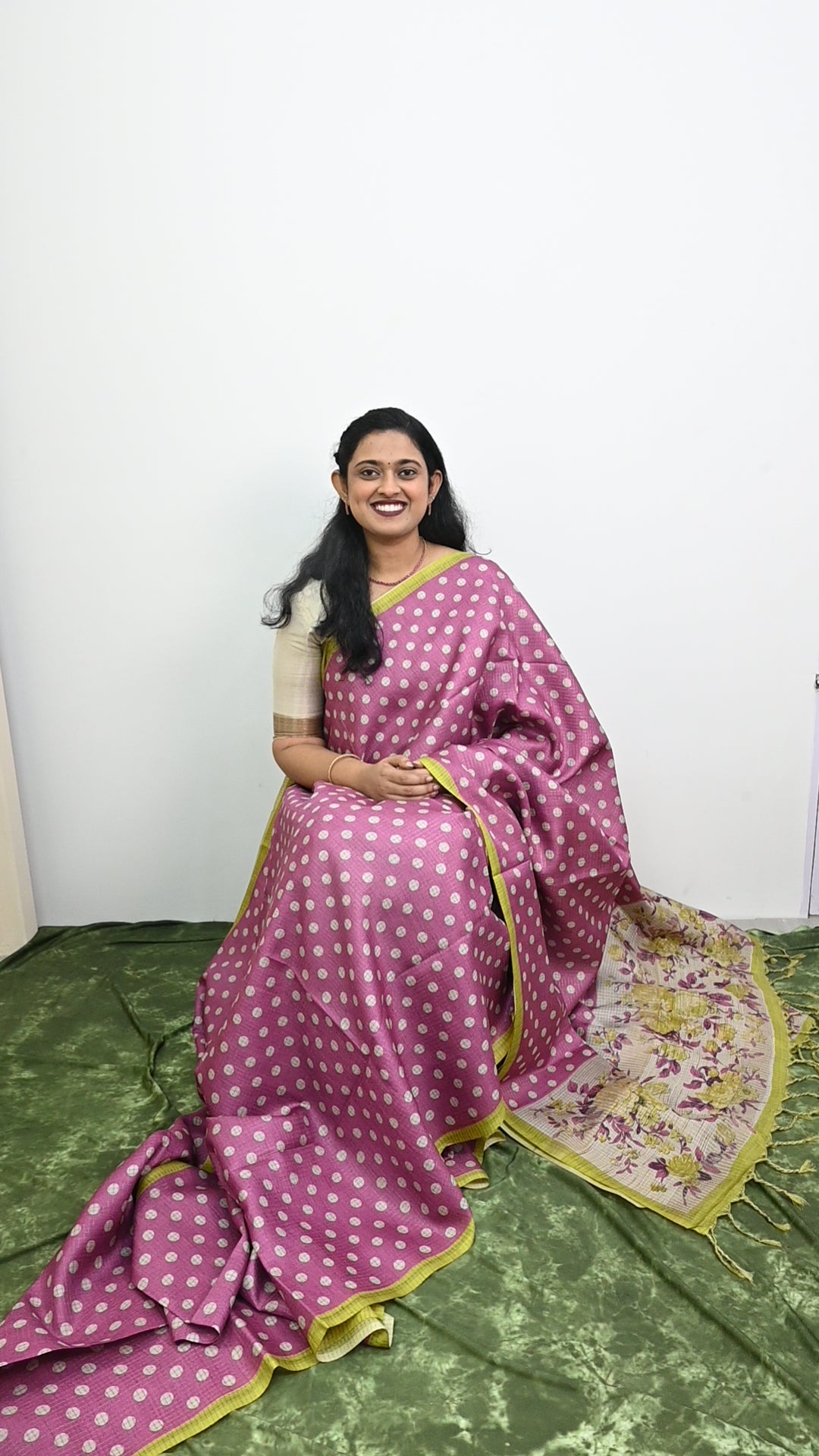 Tussar Checks Sarees With Polka Dots Rani Pink