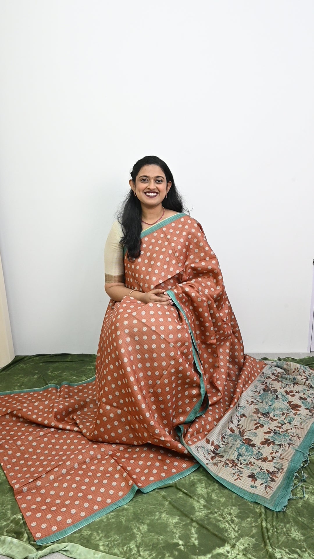Tussar Checks Sarees With Polka Dots Rust