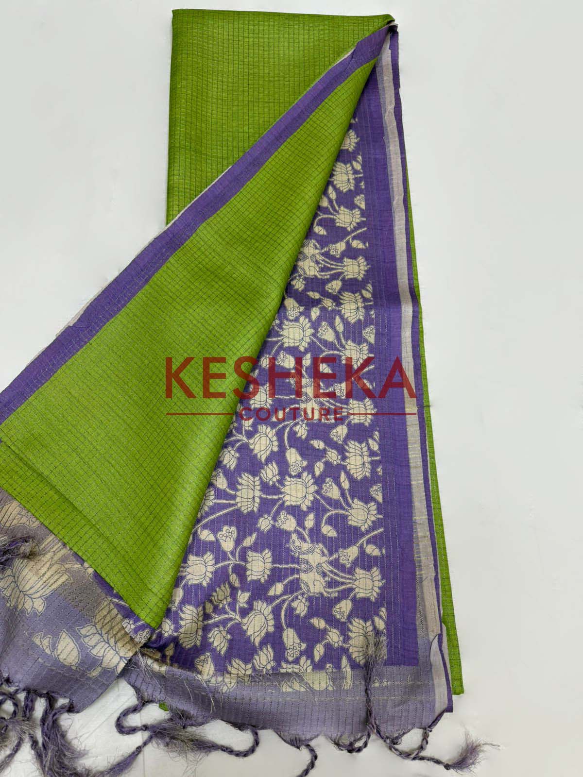 Tussar checks saree with Pichwai print