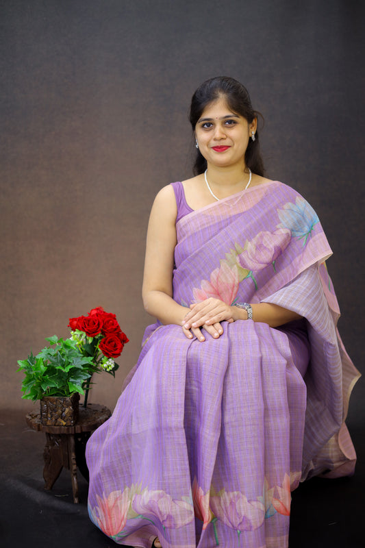 Linen Silk Saree with floral digital print
