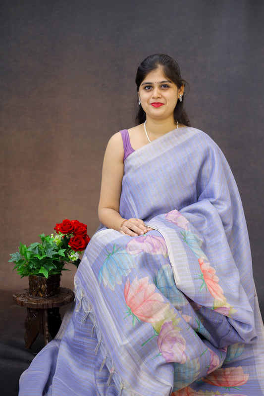 Linen Silk Saree with floral digital print