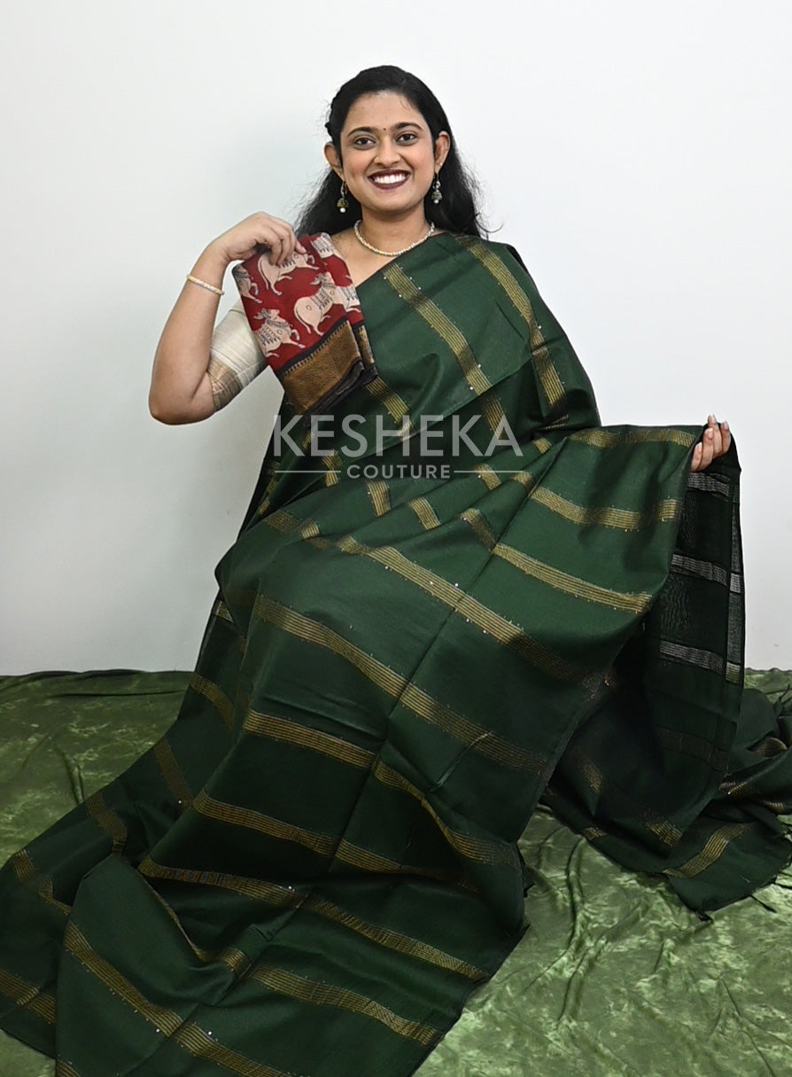 Bhagalpur tussar silk saree bottle green