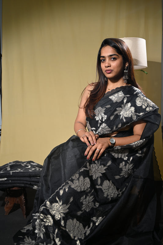 Silk Kota Saree With Applique Work
