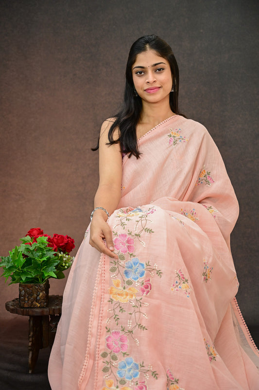 Linen Silk Saree with Embroidery work