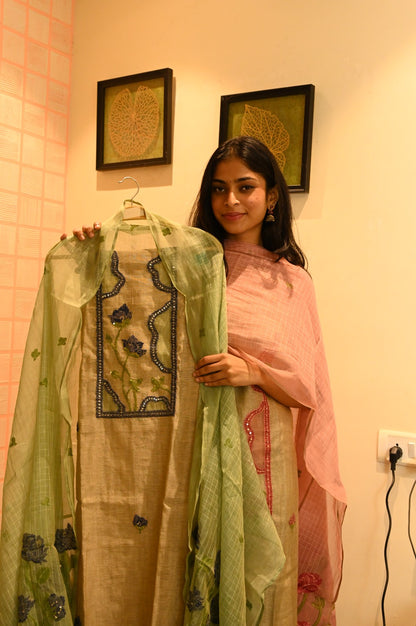 Hand Embroidered Chanderi Unstitched Salwar Suit