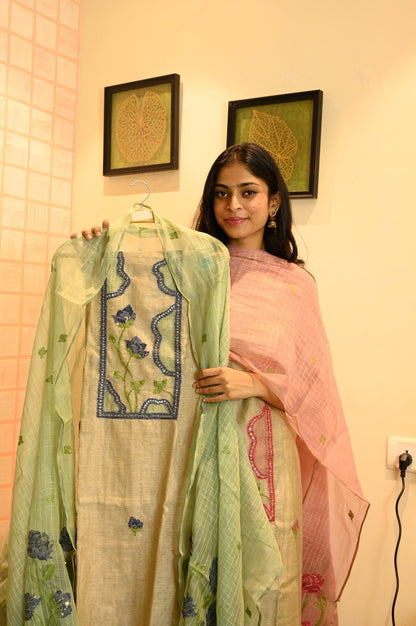 Hand Embroidered Chanderi Unstitched Salwar Suit