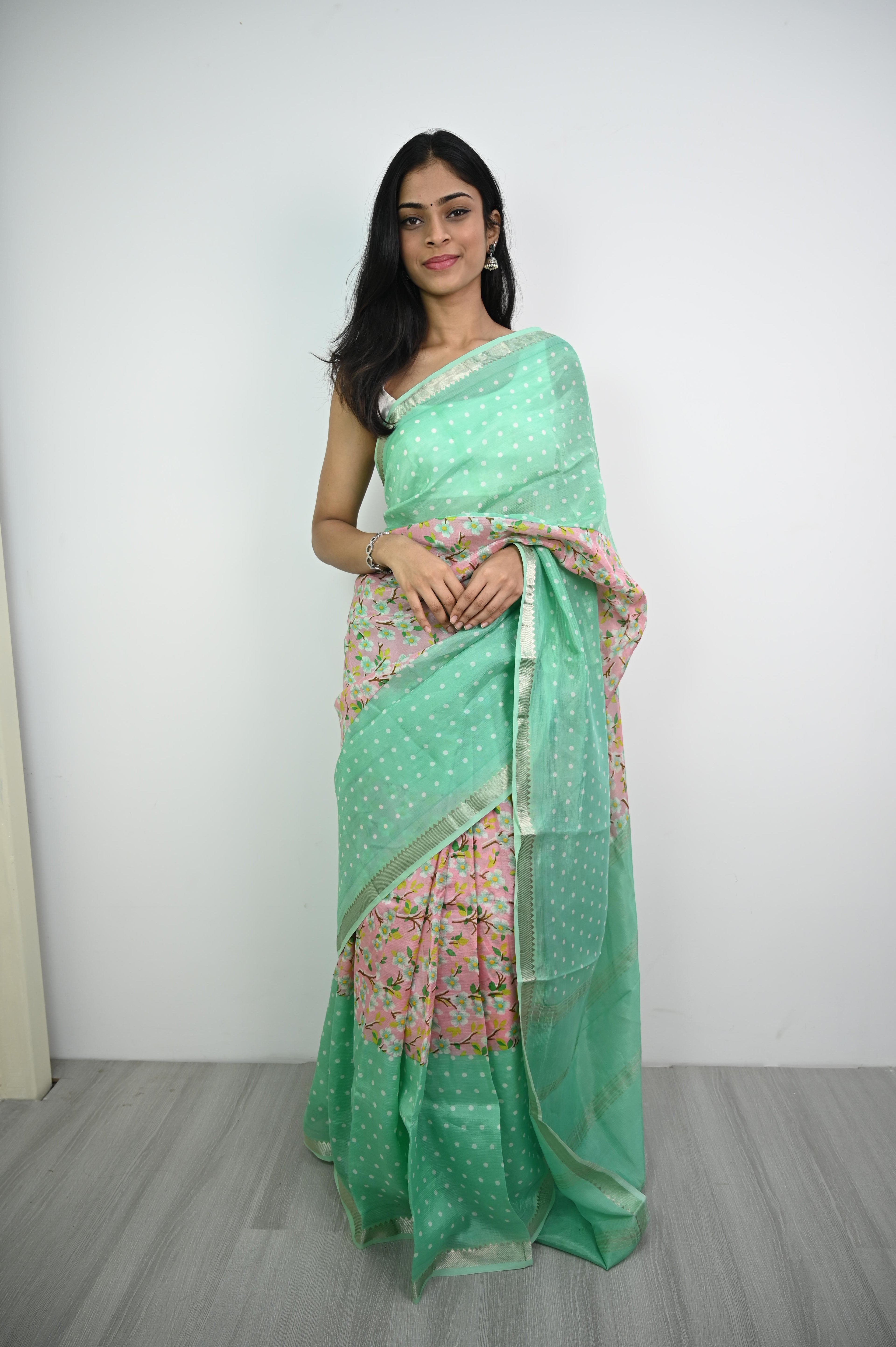 Pure Handloom Mangalagiri Silk Floral Green