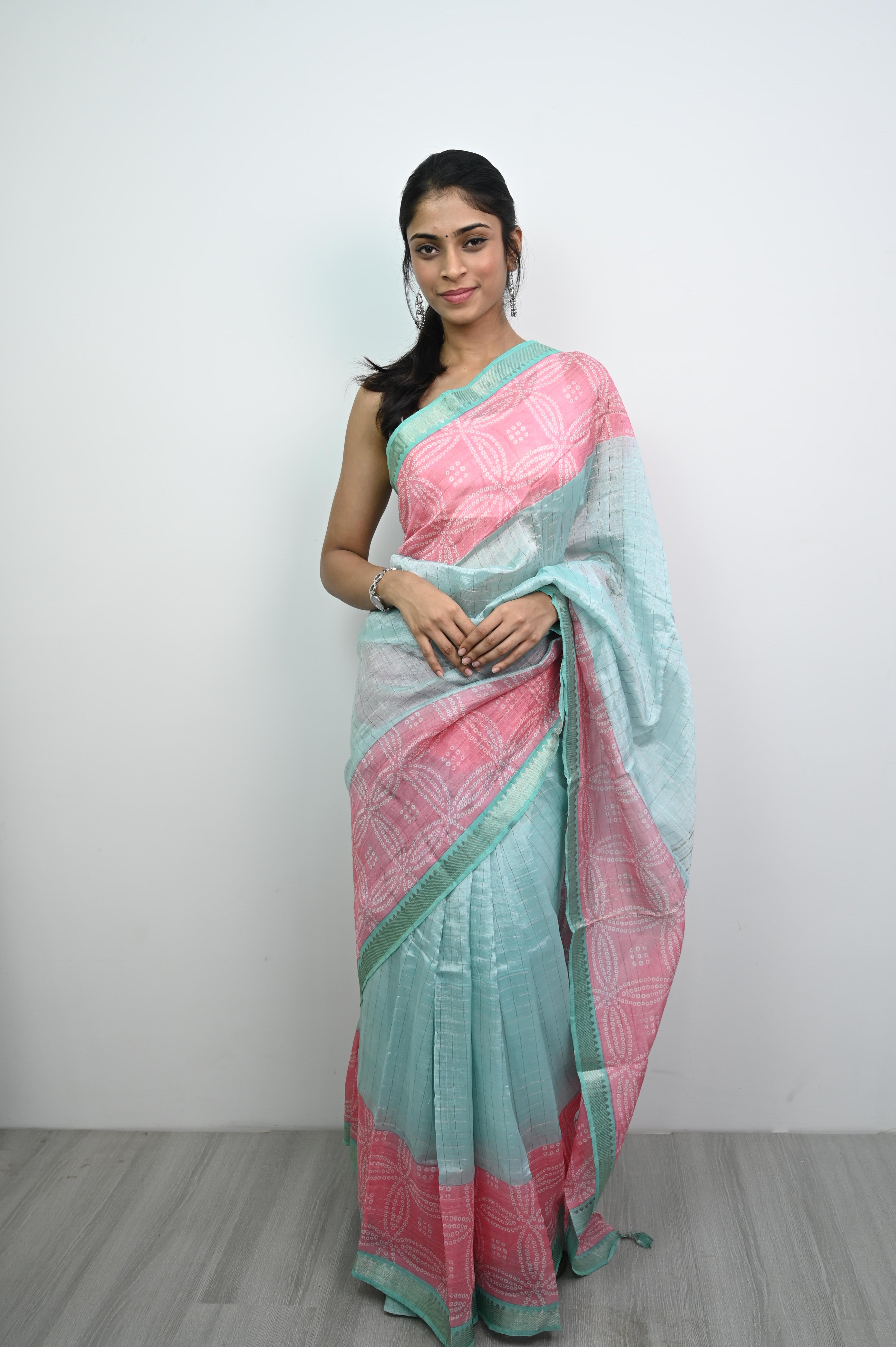 Pure Handloom Mangalagiri Silk  Sarees Sea Blue With Pink