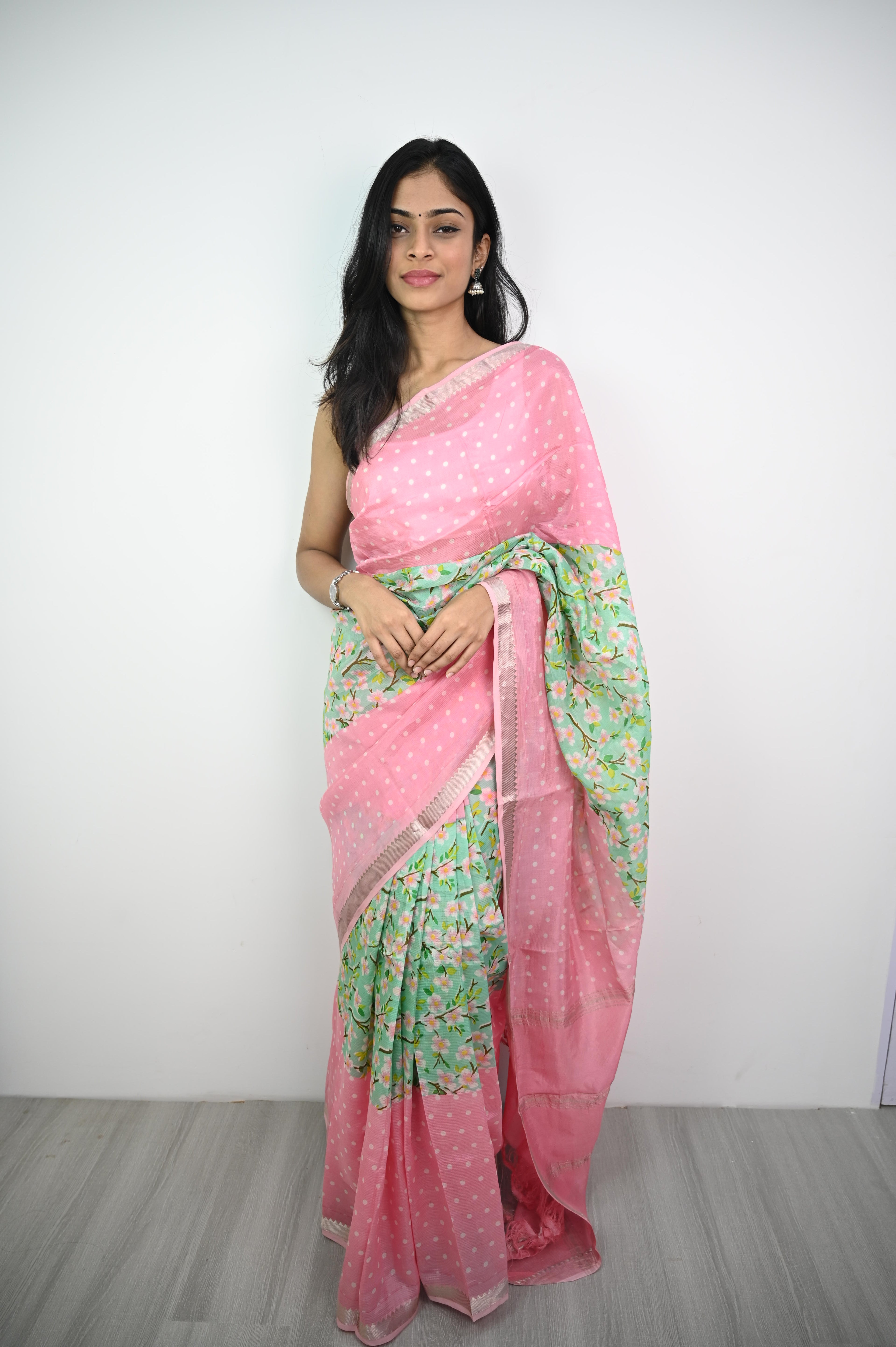 Pure Handloom Mangalagiri Silk Floral  Pink