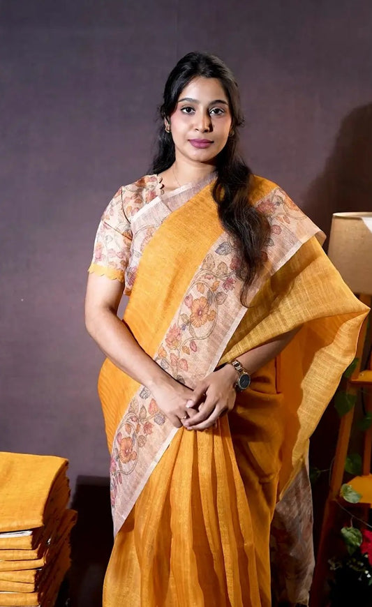 Linen Yellow Saree with Kalamkari Printed Blouse