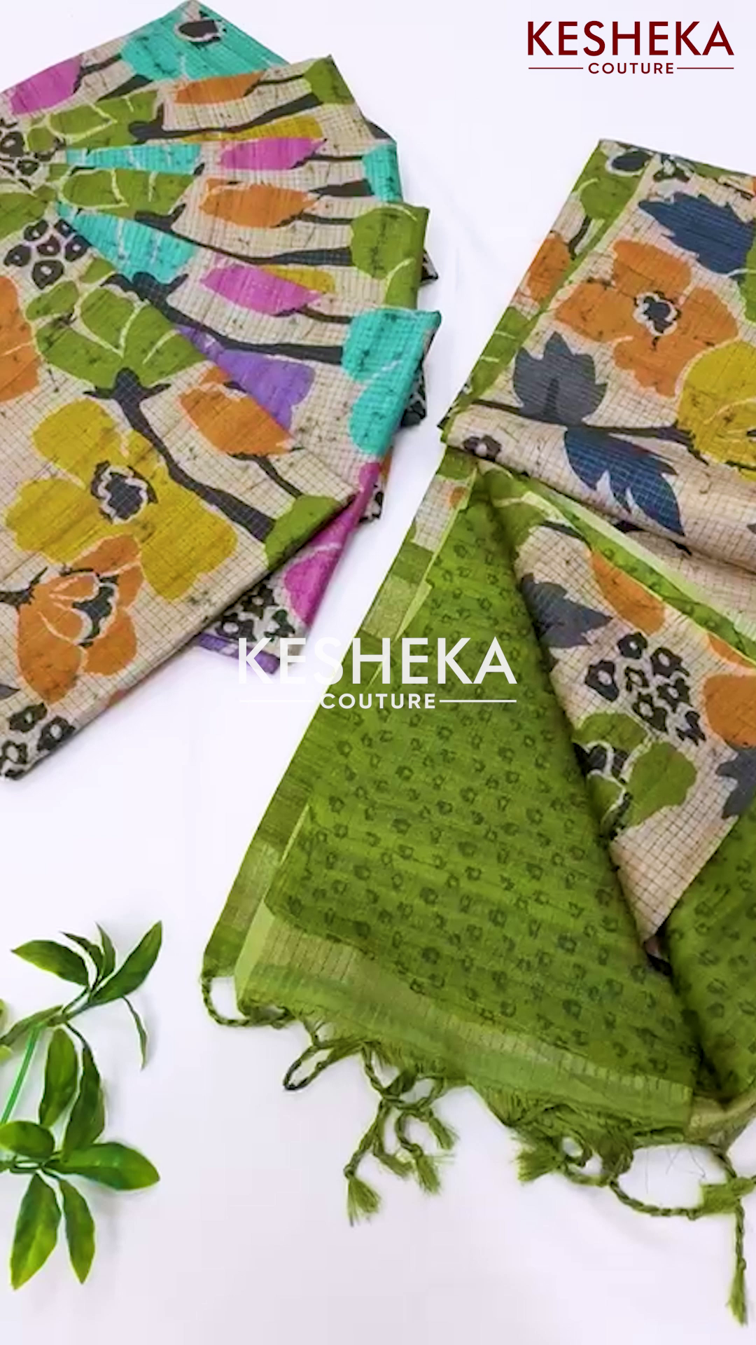 Semi_tussar_Checks_Sarees_with_floral_Print_Olive Green