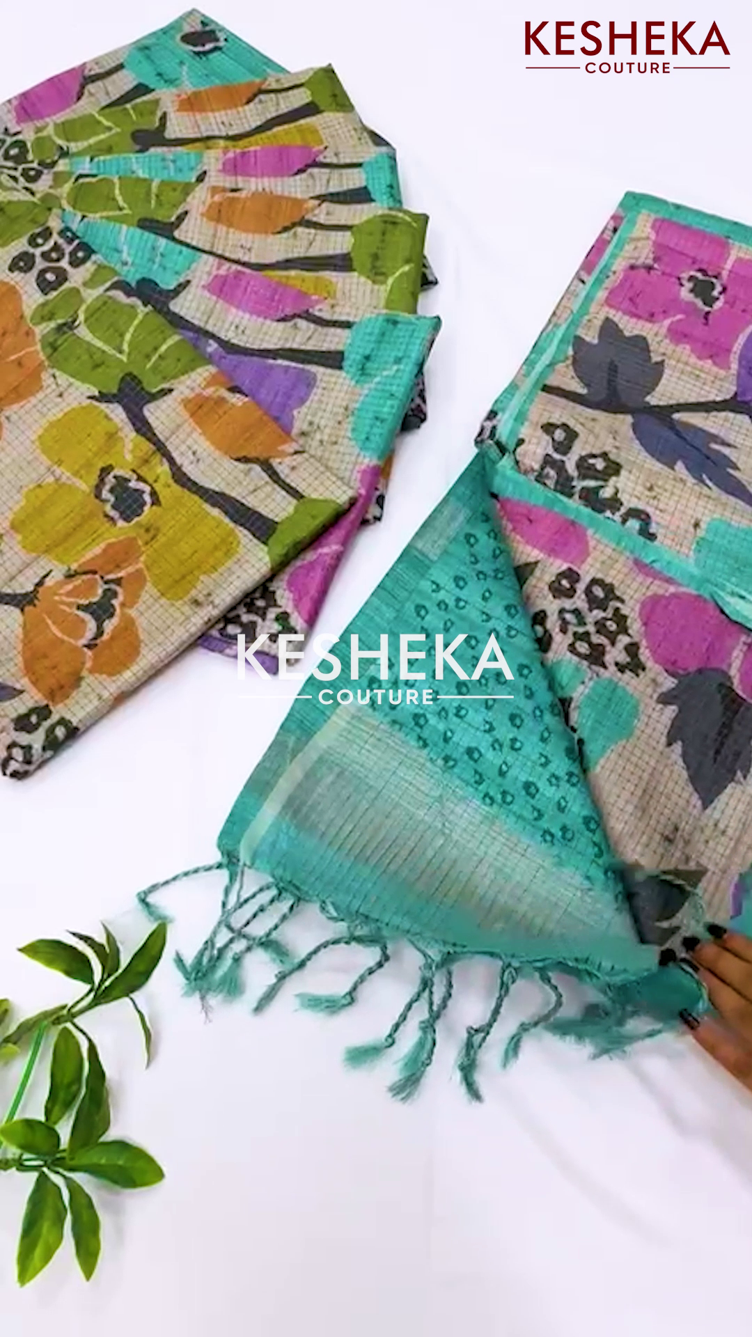 Semi_tussar_Checks_Sarees_with_floral_Print_Teal Green