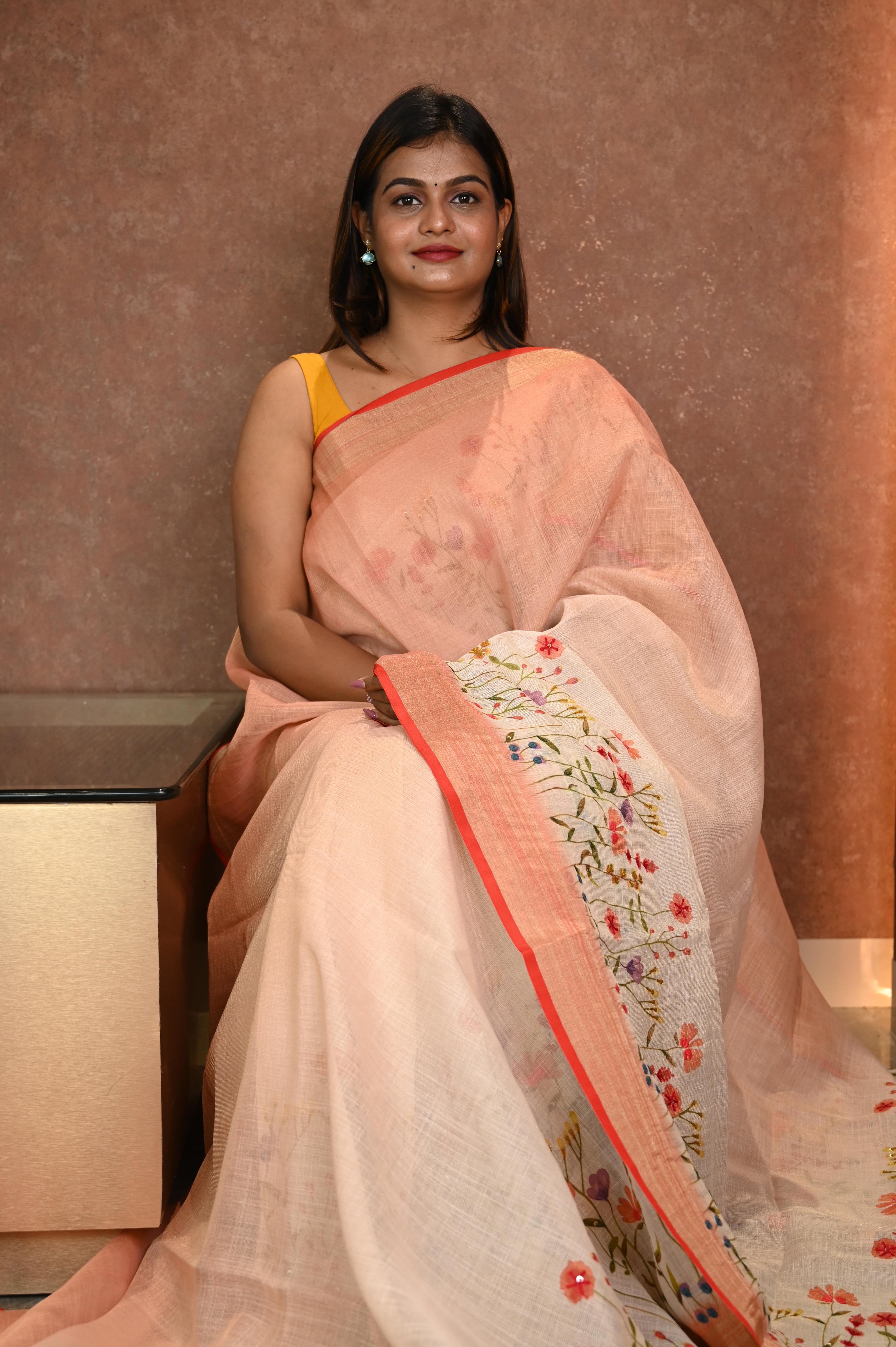 Tissue linen With Hand Emboridery Sarees Peach