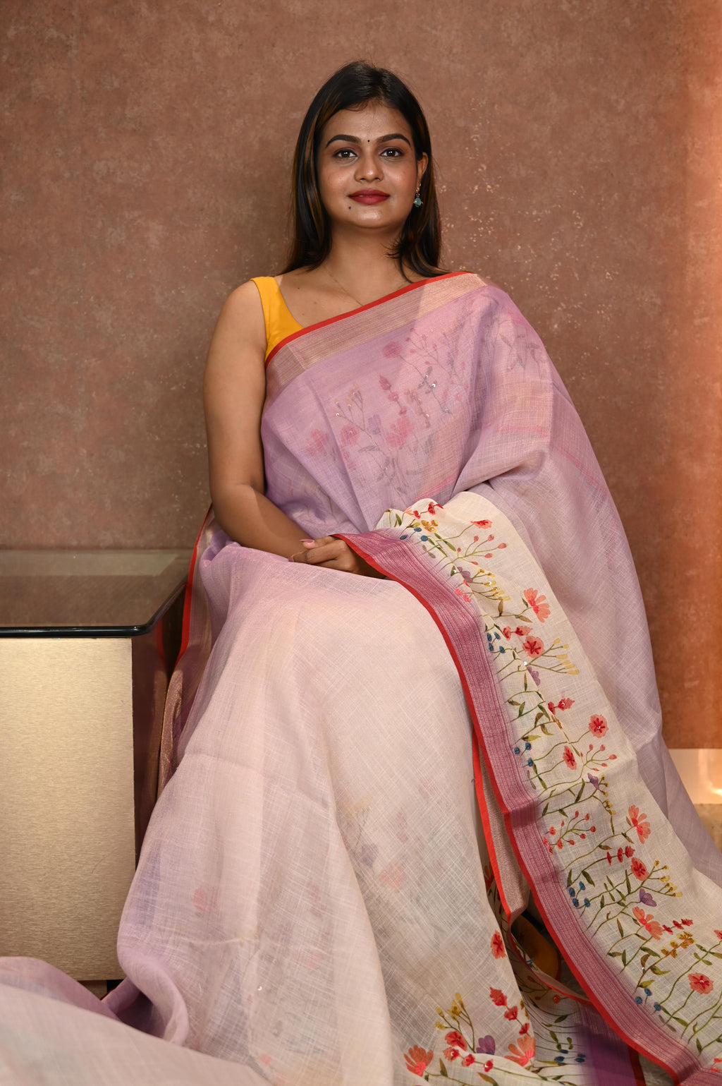 Tissue linen With Hand Emboridery Sarees Purple