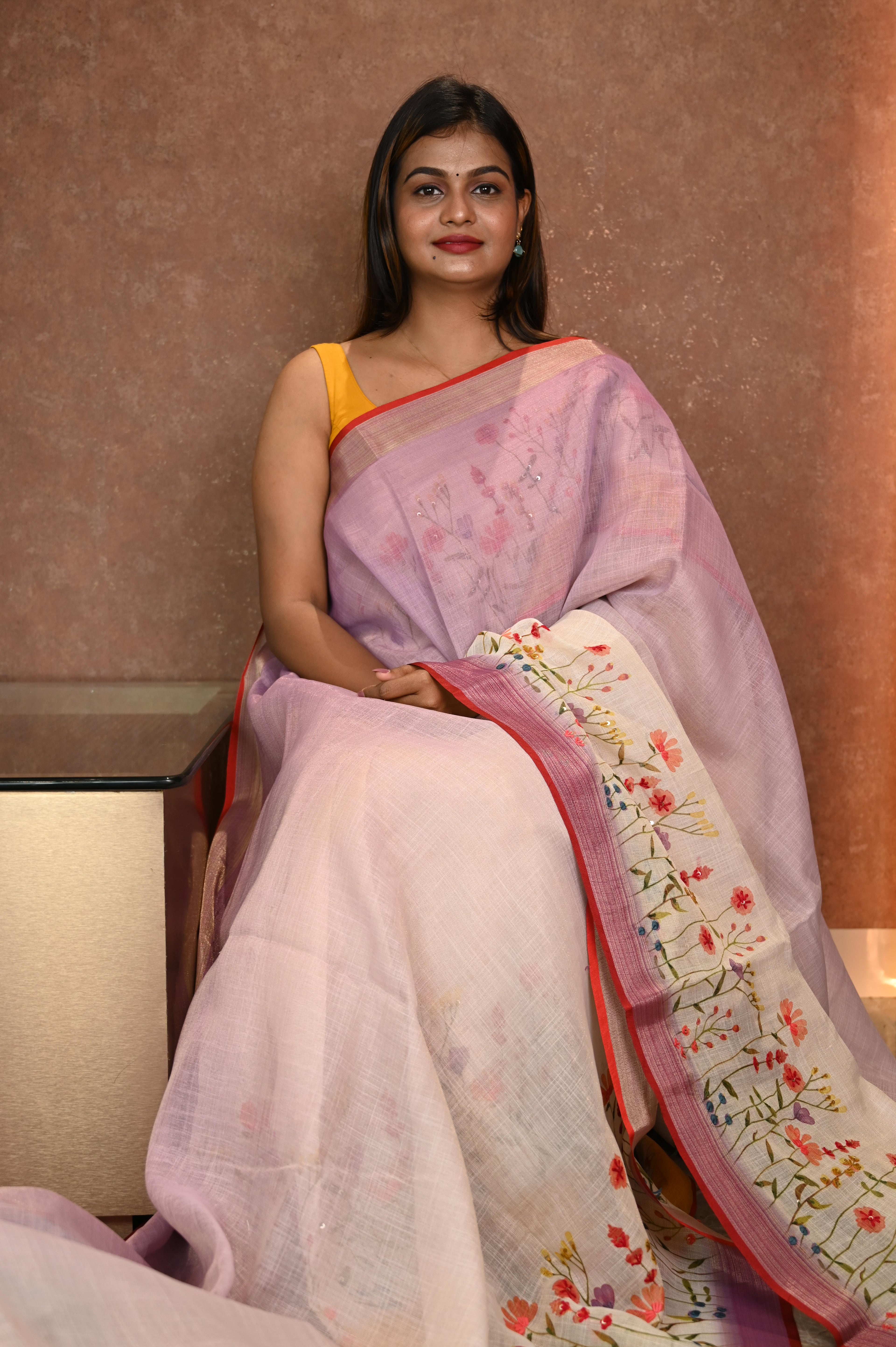 Tissue linen With Hand Emboridery Sarees Purple