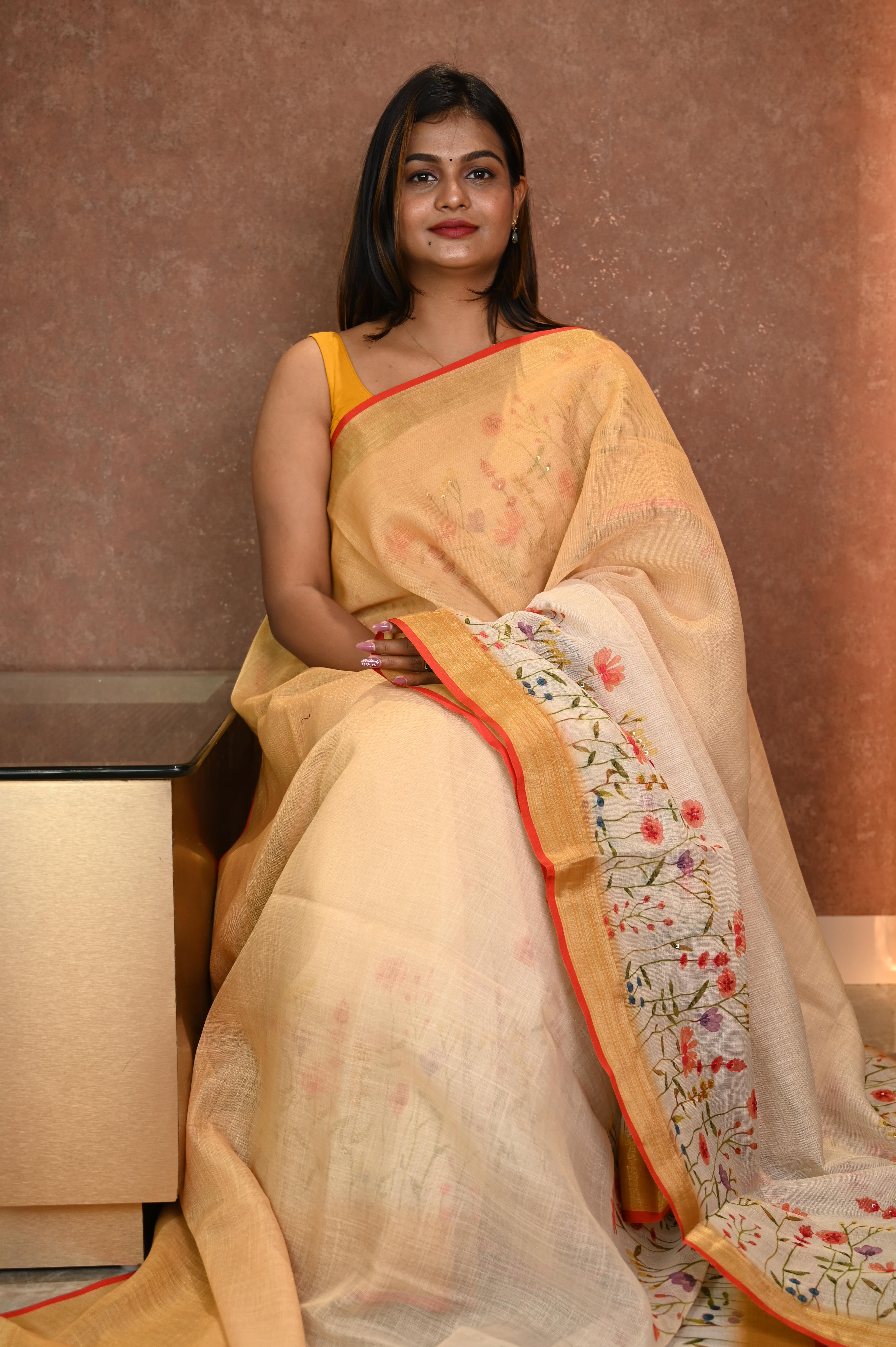 Tissue linen With Hand Emboridery Sarees Yellow