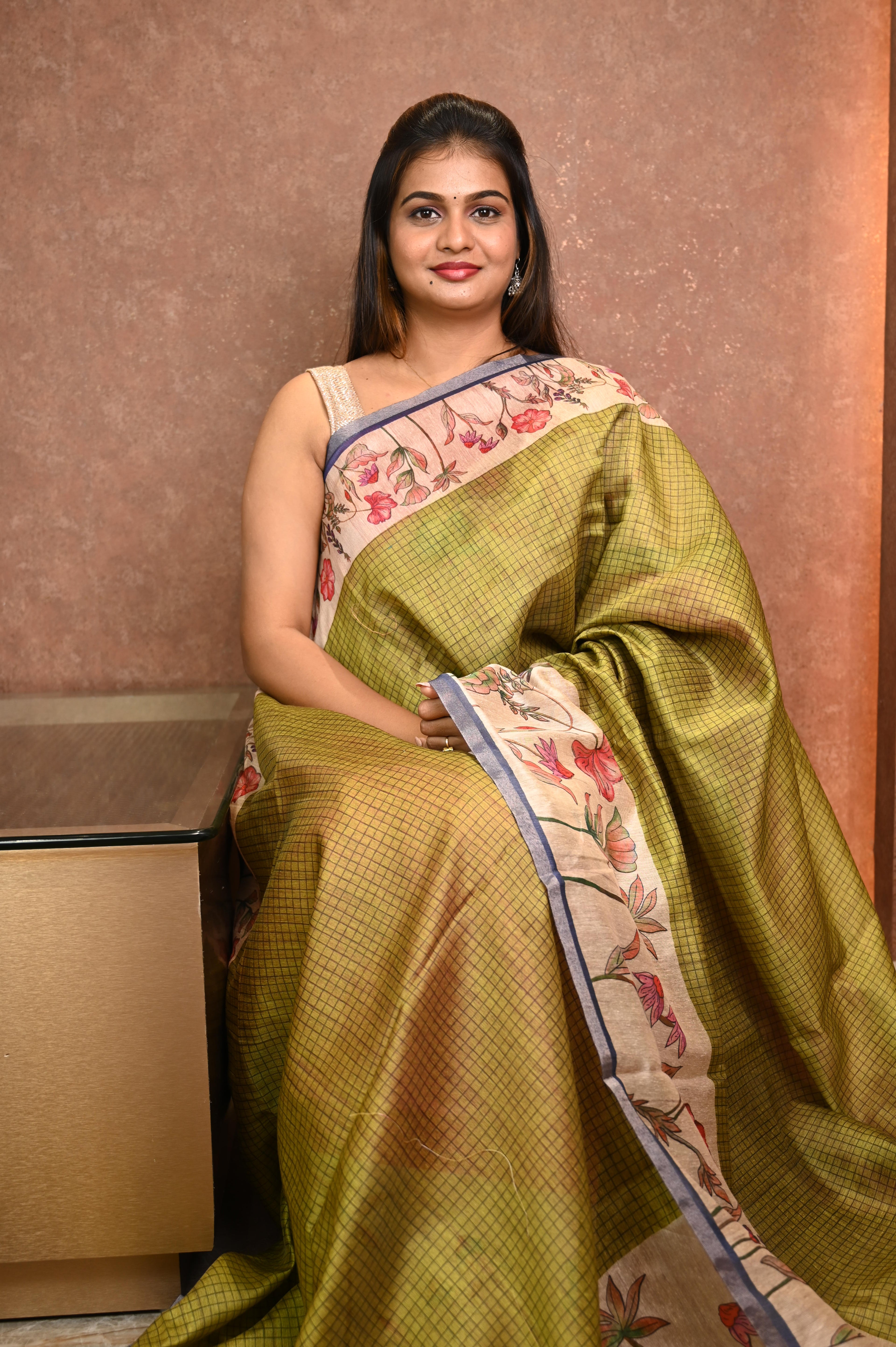 Tussar_Chanderi_Saree Olive Green