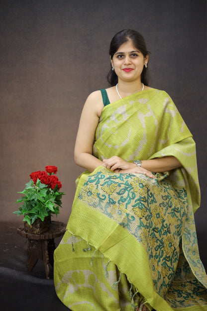 Tussar checks saree with Kalamkari Print