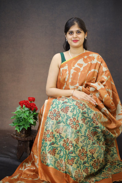 Tussar checks saree with Kalamkari Print