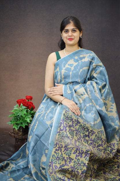 Tussar checks saree with Kalamkari Print