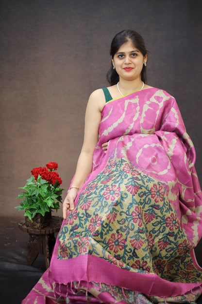Tussar checks saree with Kalamkari Print