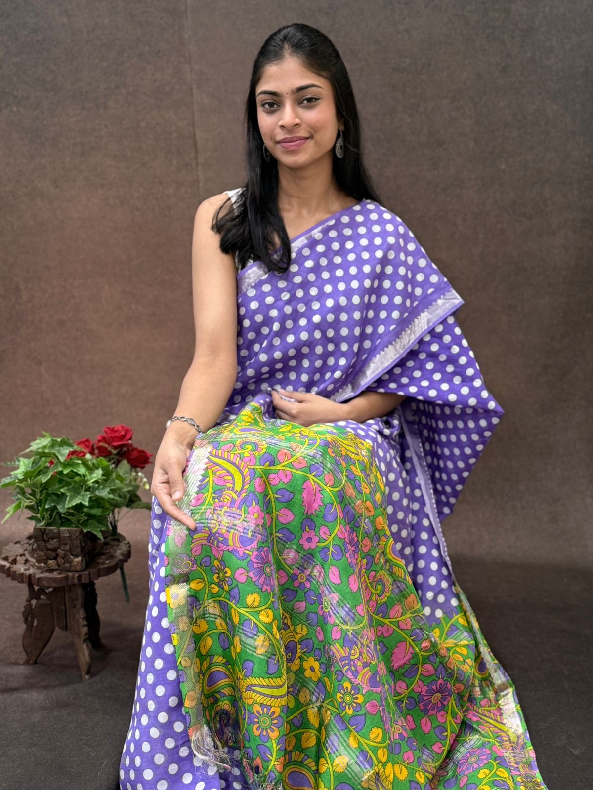 Pure Handloom Mangalagiri Silk With Polka Dots