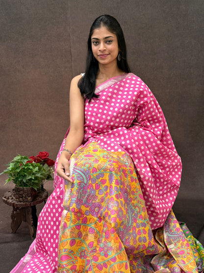 Pure Handloom Mangalagiri Silk With Polka Dots