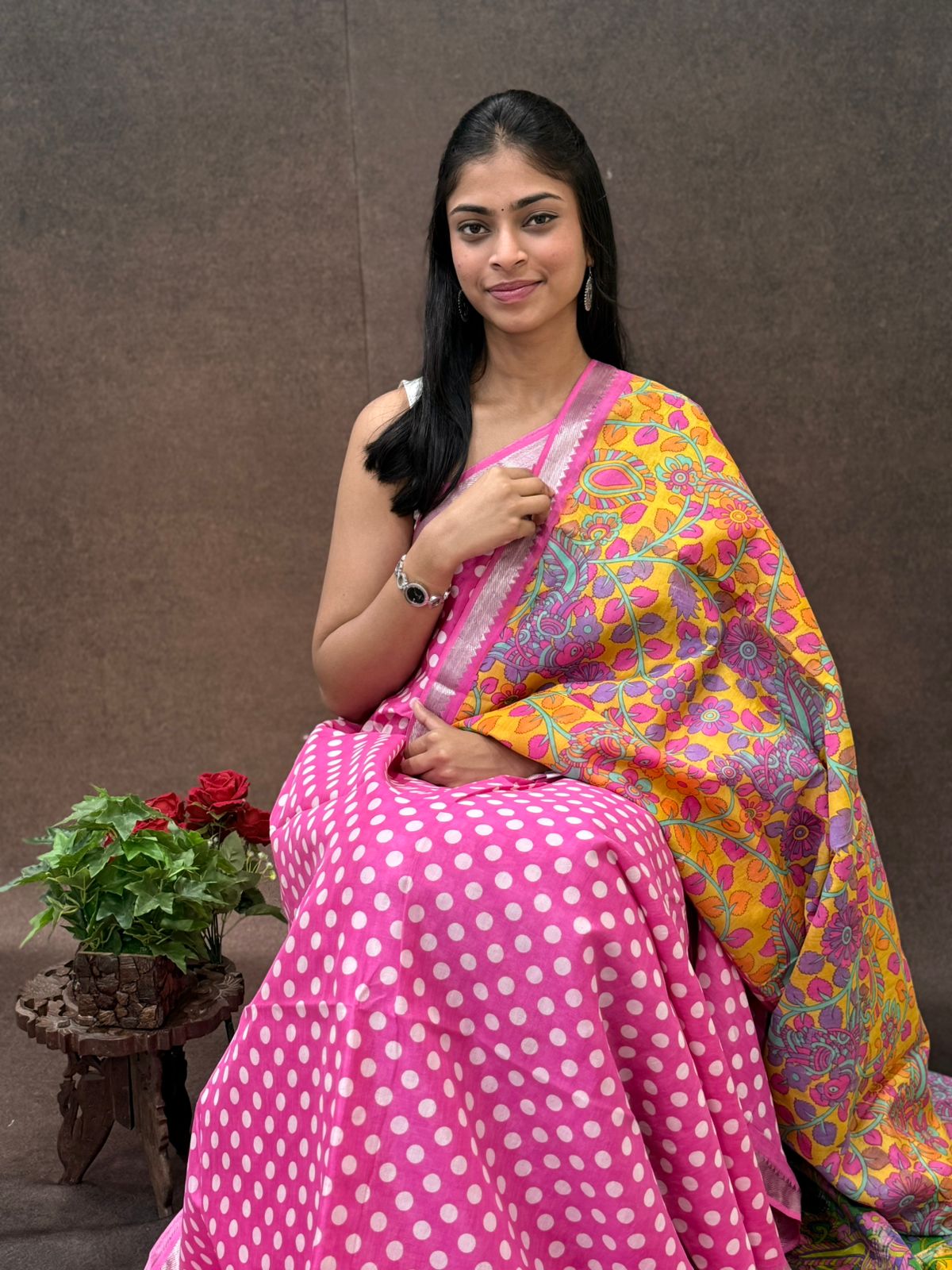Pure Handloom Mangalagiri Silk With Polka Dots