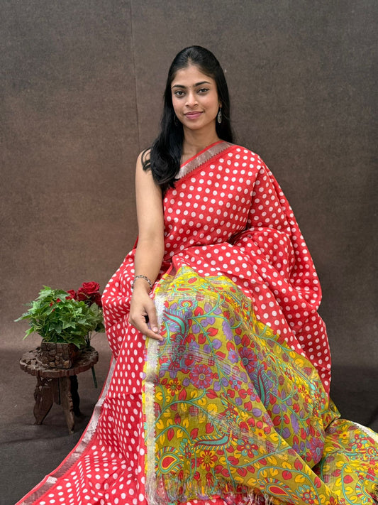 Pure Handloom Mangalagiri Silk With Polka Dots