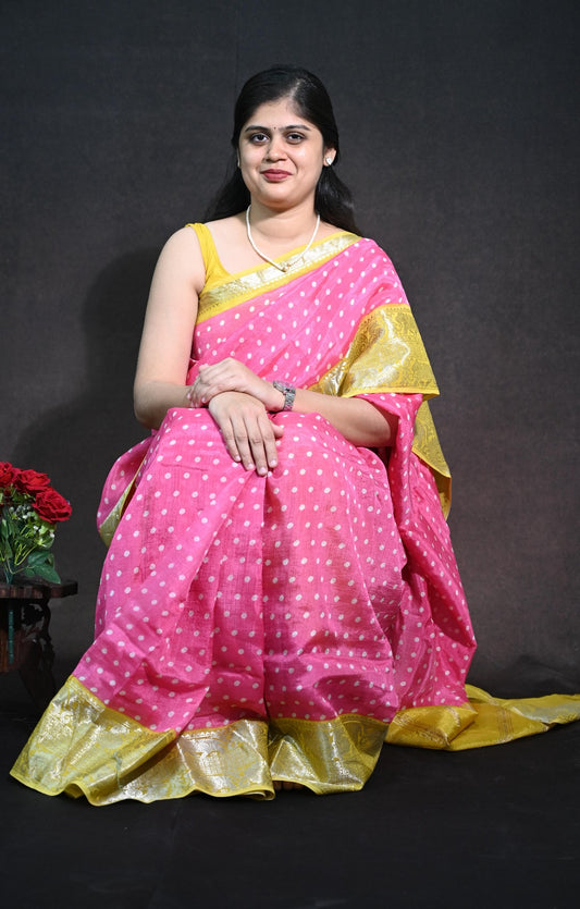 Pure Handloom Mangalagiri Silk With Polka Dots kanchi border