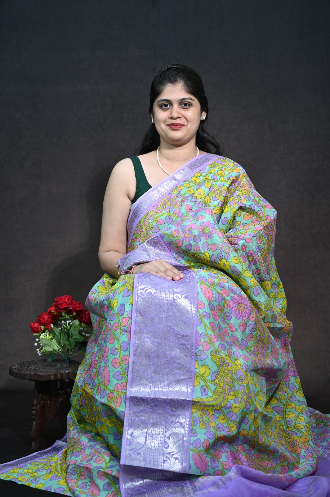 Pure Handloom Mangalagiri Silk With kalamkari print kanchi border