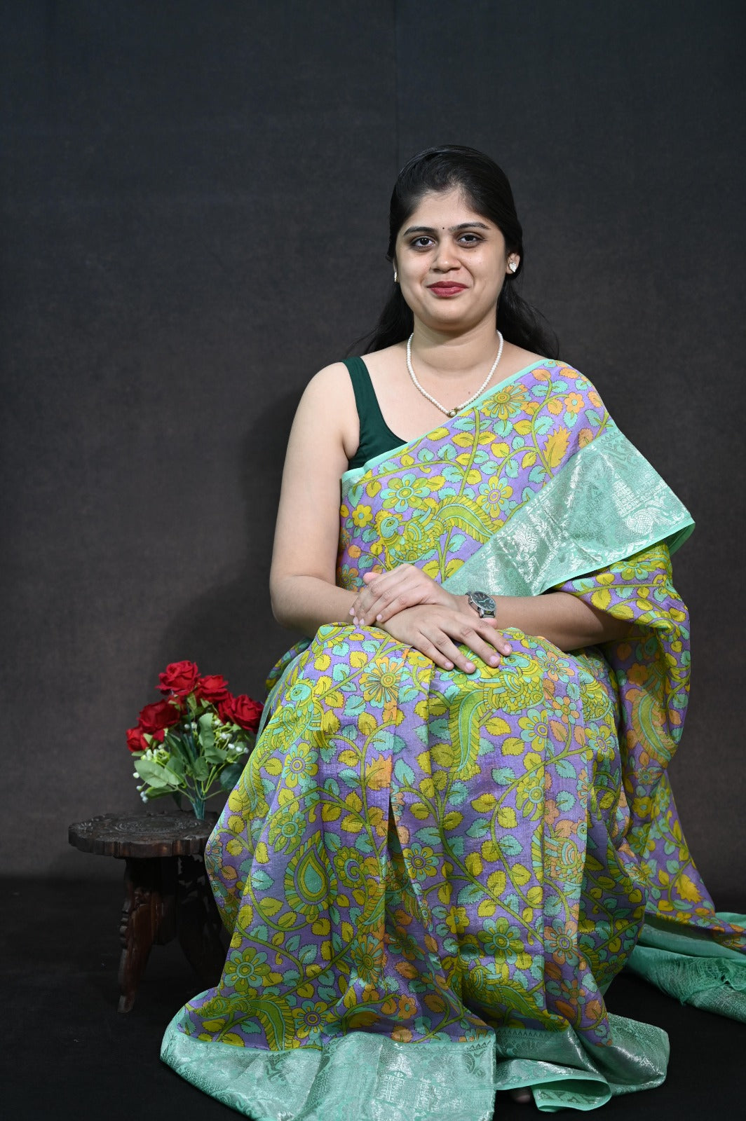 Pure Handloom Mangalagiri Silk With kalamkari print kanchi border