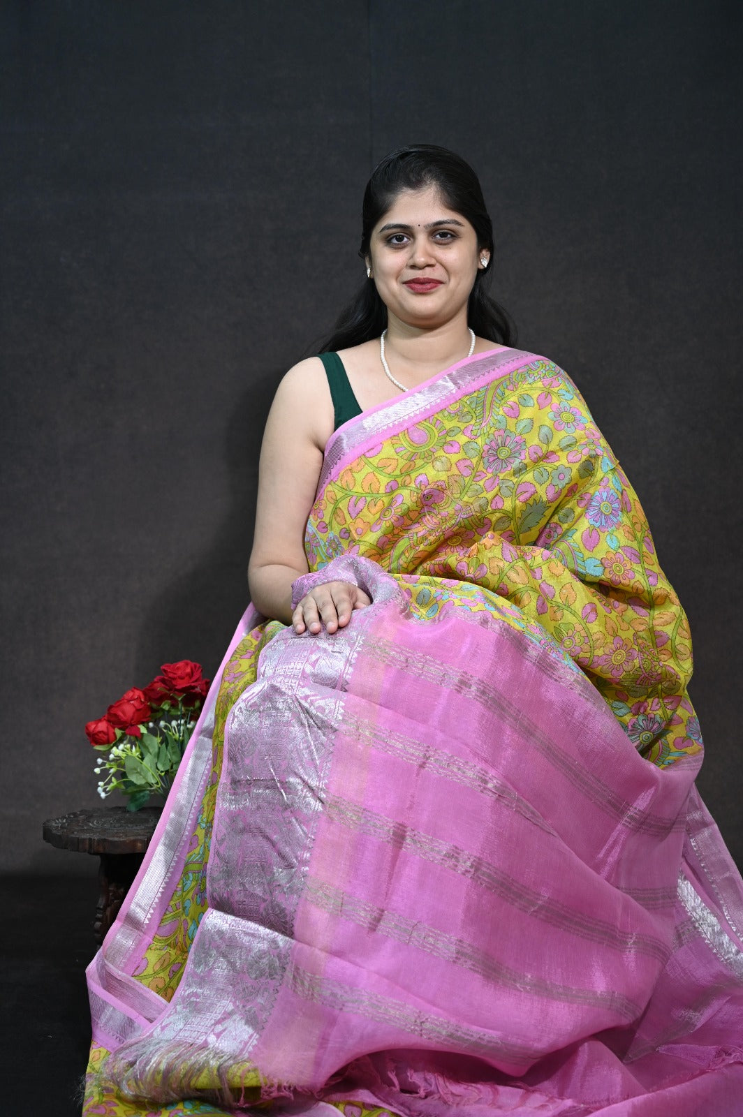 Pure Handloom Mangalagiri Silk With kalamkari print kanchi border