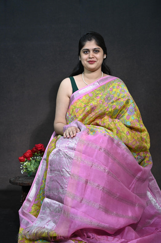 Pure Handloom Mangalagiri Silk With kalamkari print kanchi border