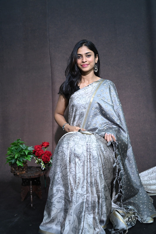 Tussar Silk Saree With Kalamkari