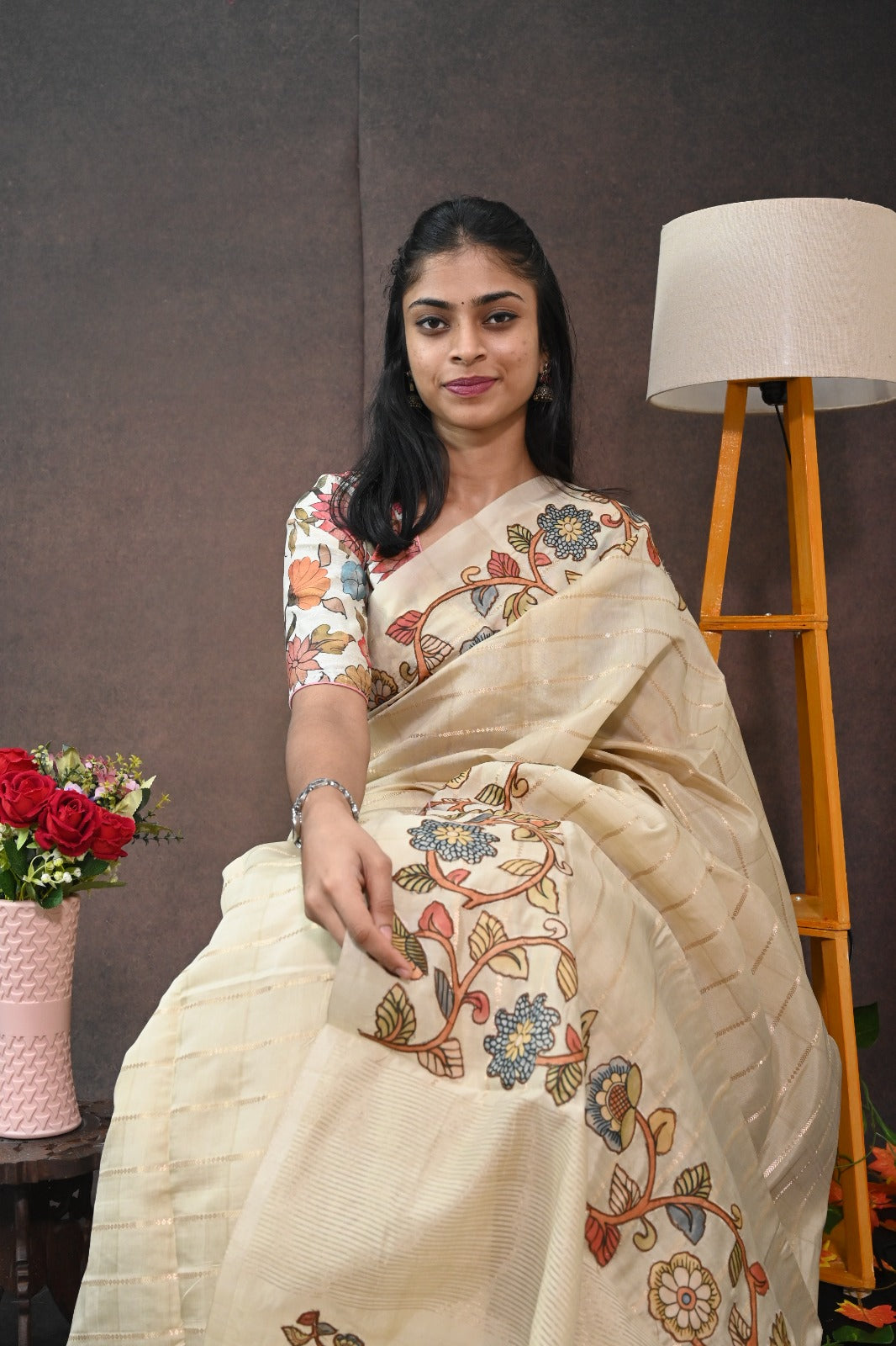 Soft tussar with applic work