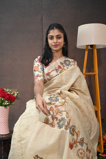 Soft tussar with applic work