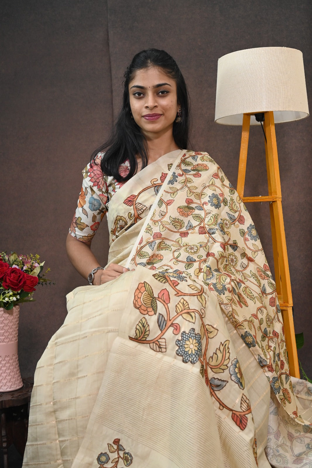 Soft tussar with applic work