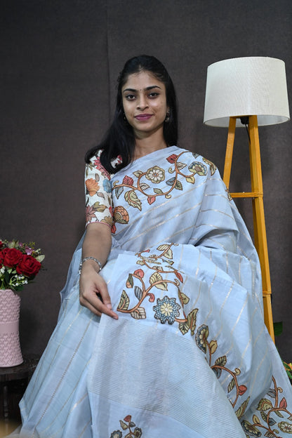 Soft tussar with applic work