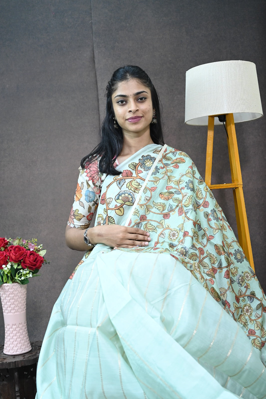 Soft tussar with applic work