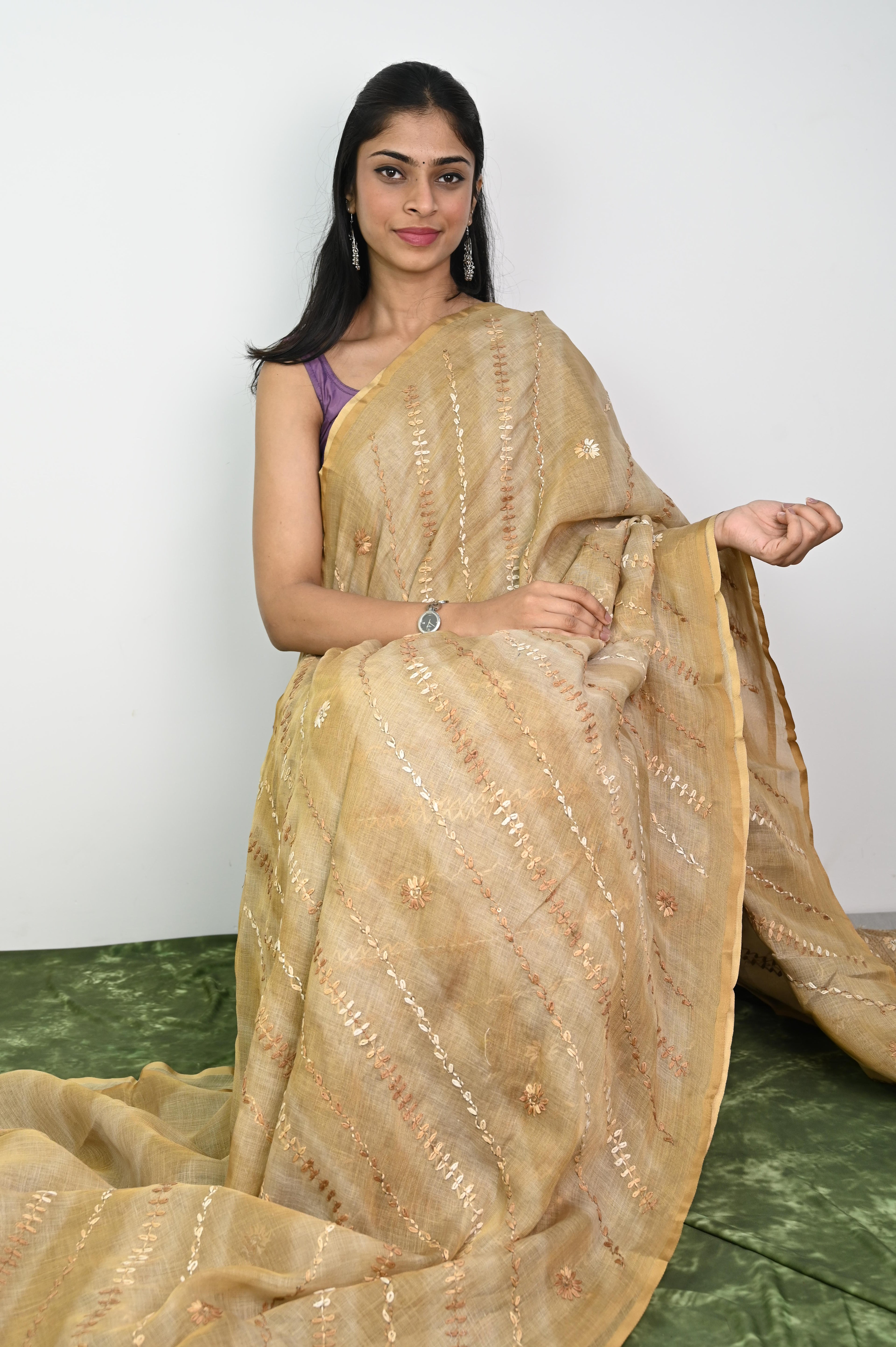 Linen embroidery silk saree