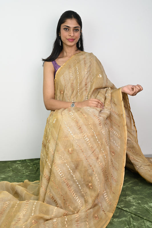 Linen embroidery silk saree