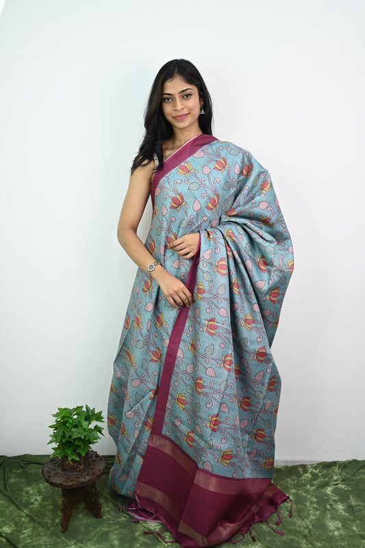 Tussar checks saree with pichwai print