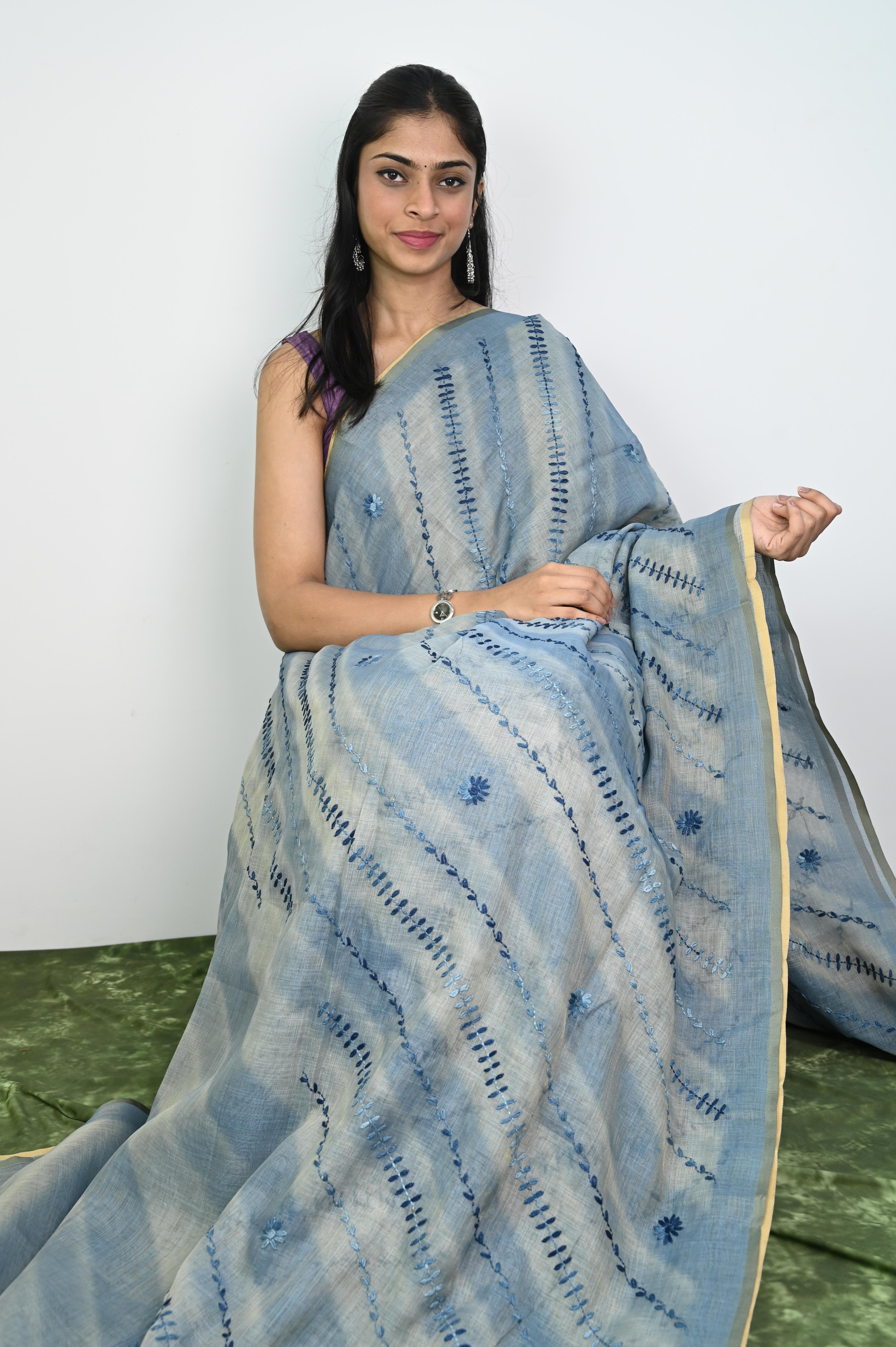 Linen embroidery silk saree