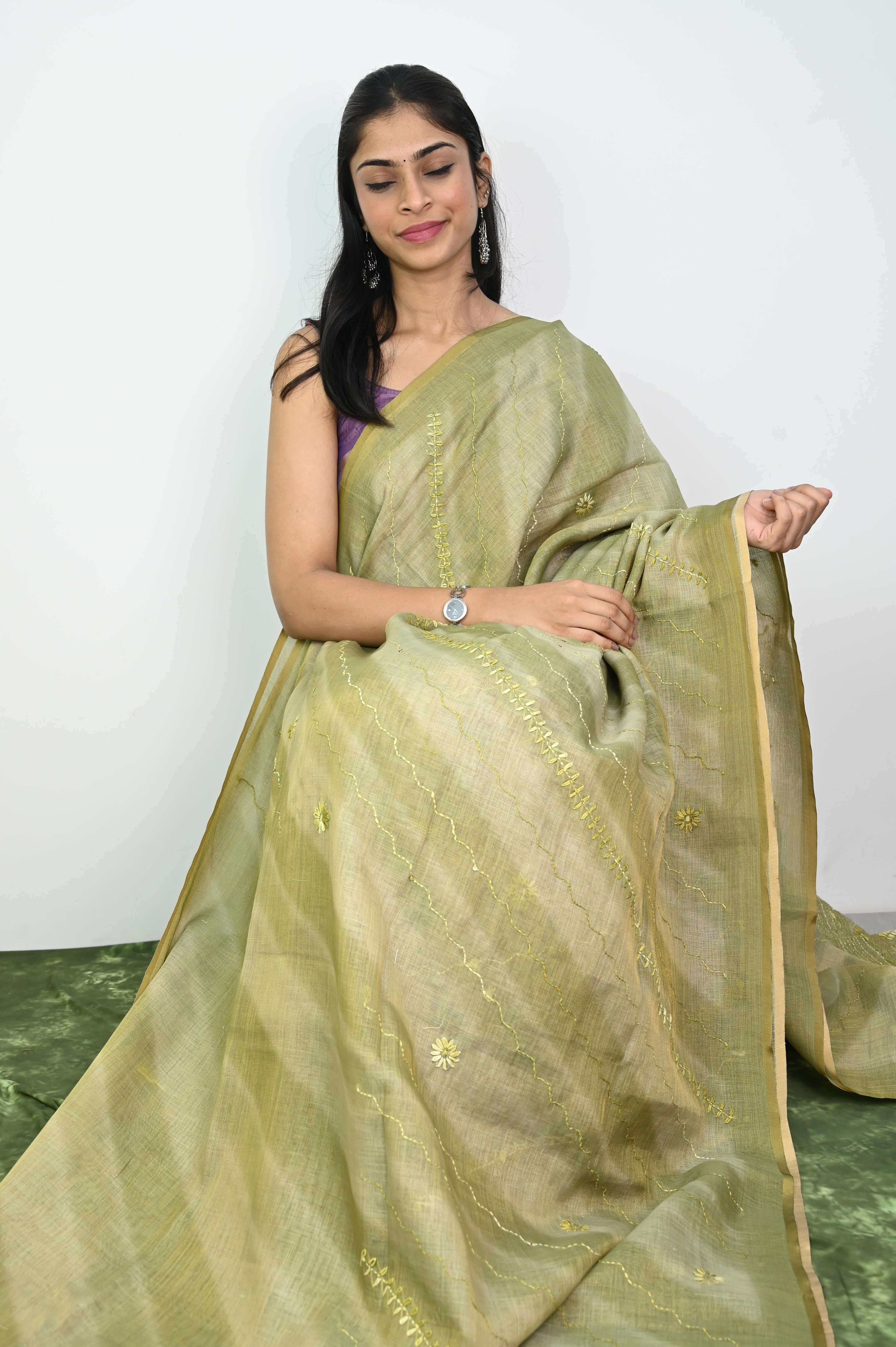 Linen embroidery silk saree