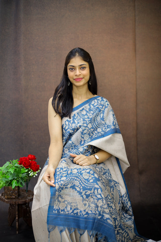Tussar Checks saree with kalamkari print