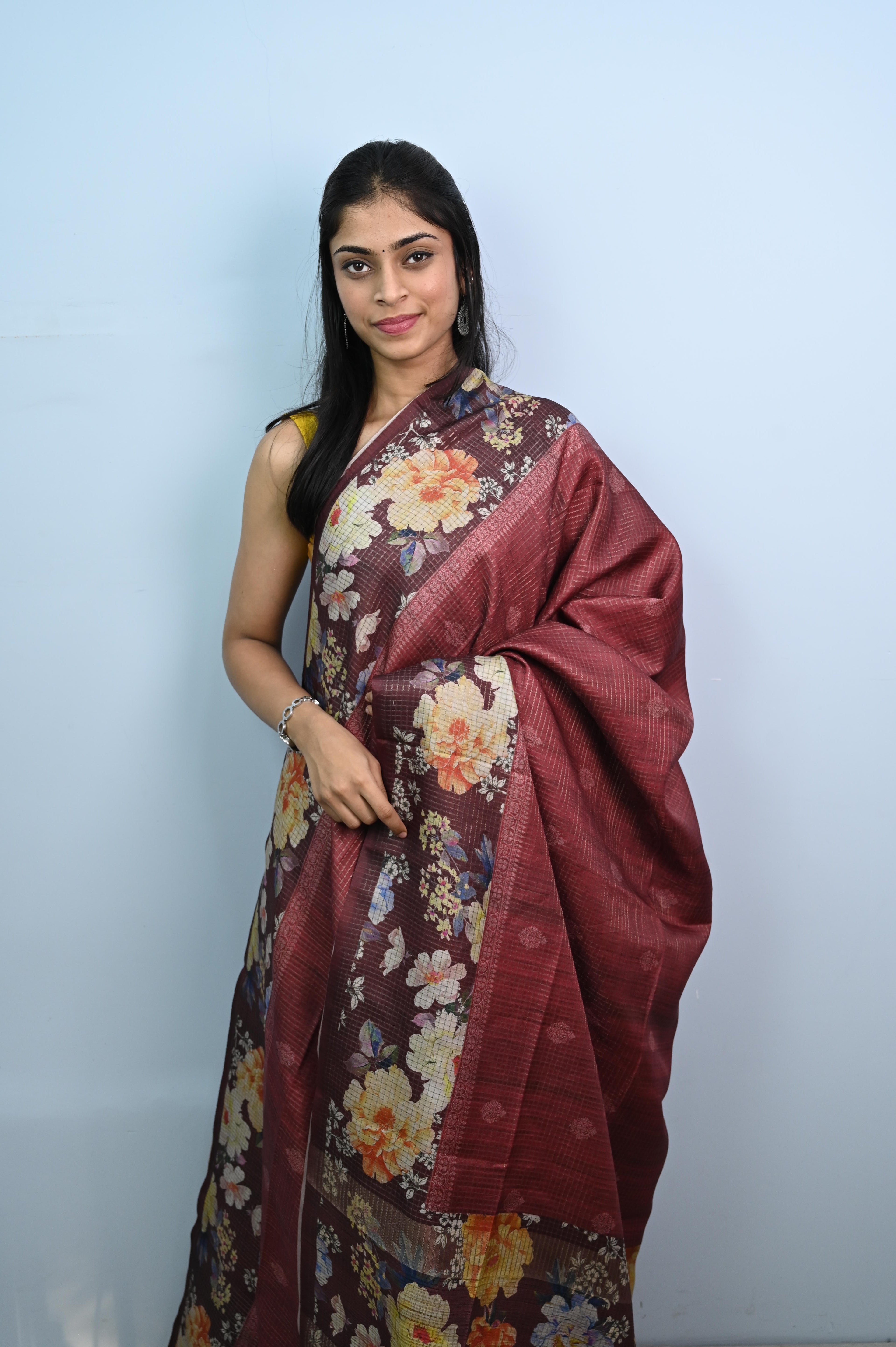 Tussar checks saree with Floral print