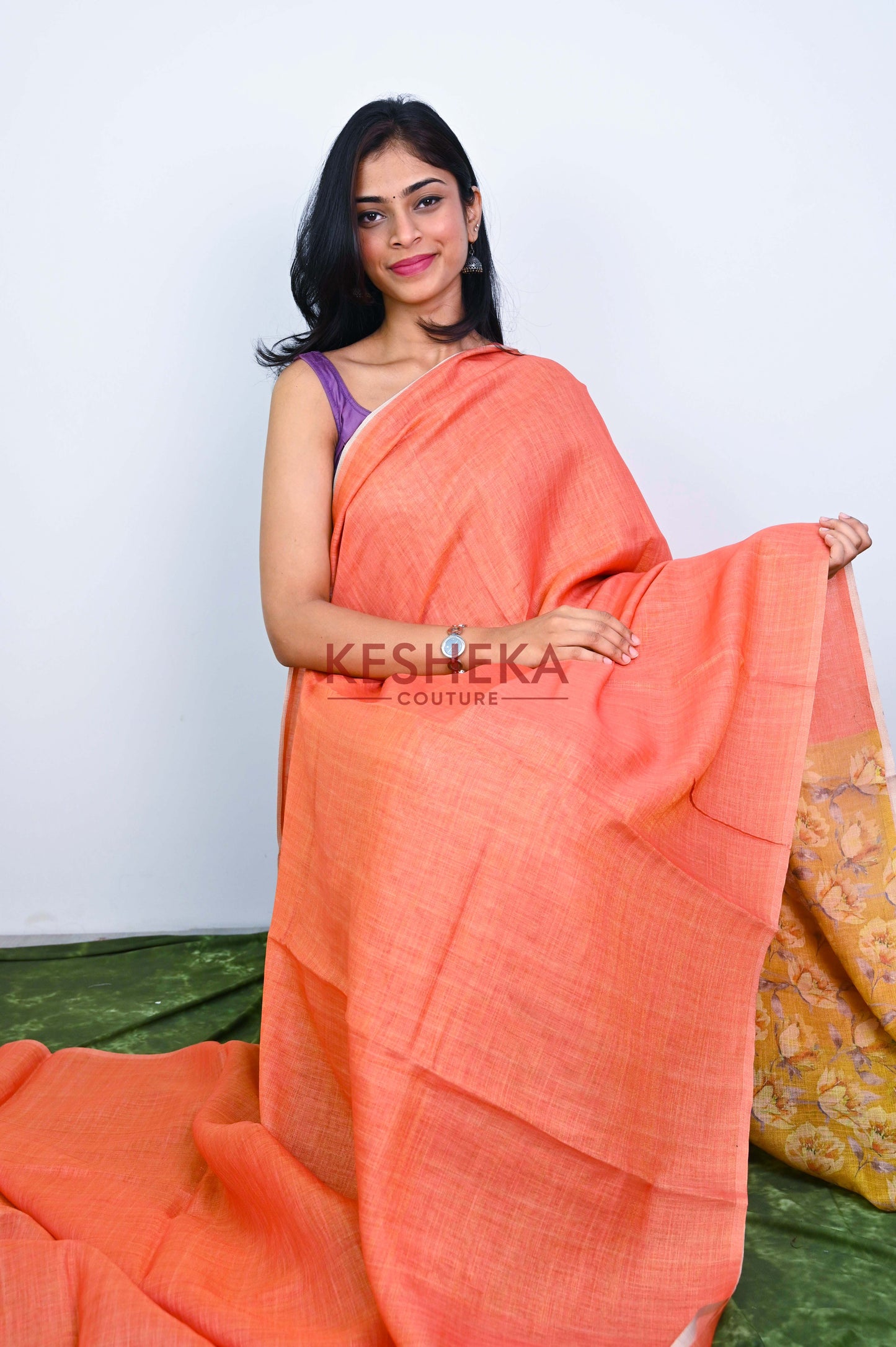 Linen Silk Saree with floral print